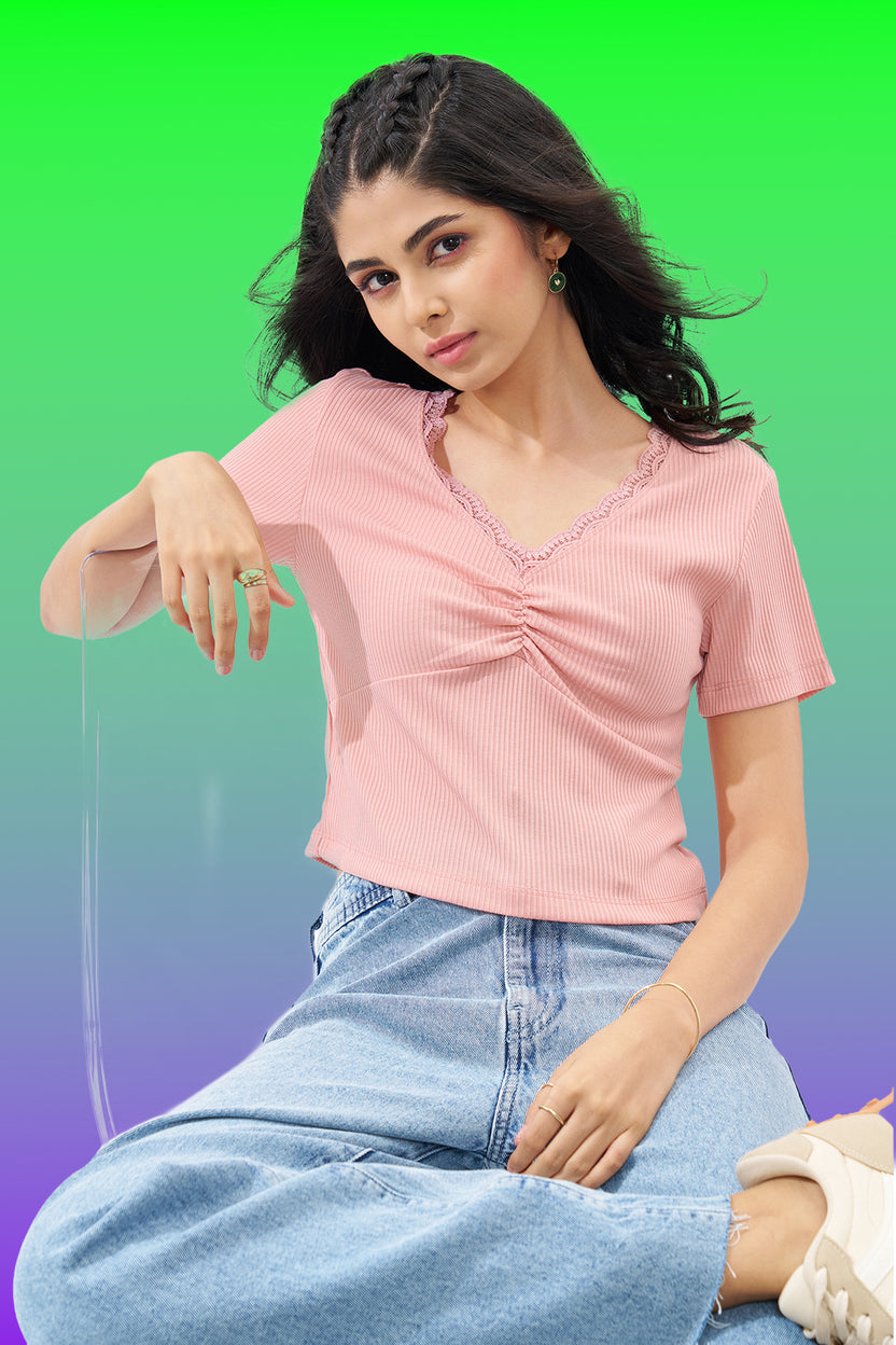 Pink Lace Trim Rib Knit Top For Women - Image 1