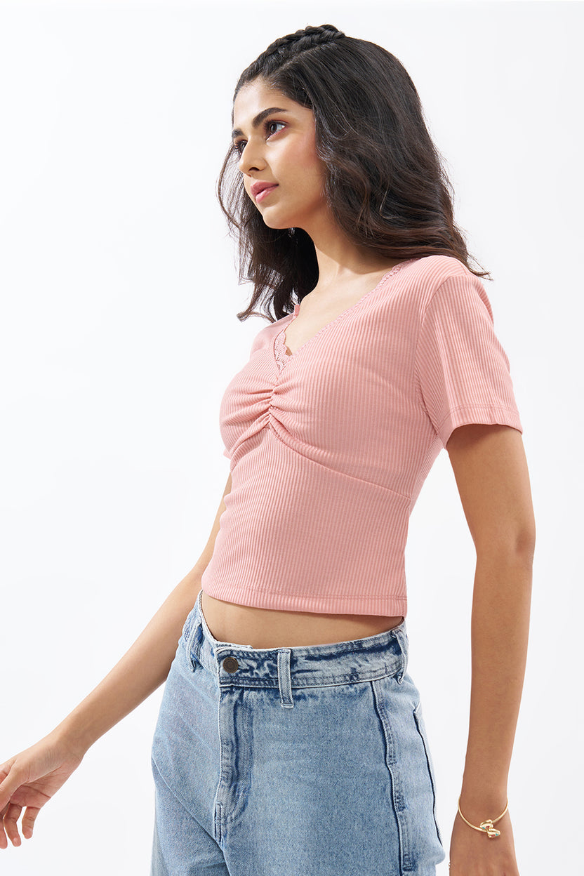 Pink Lace Trim Rib Knit Top For Women - Image 4