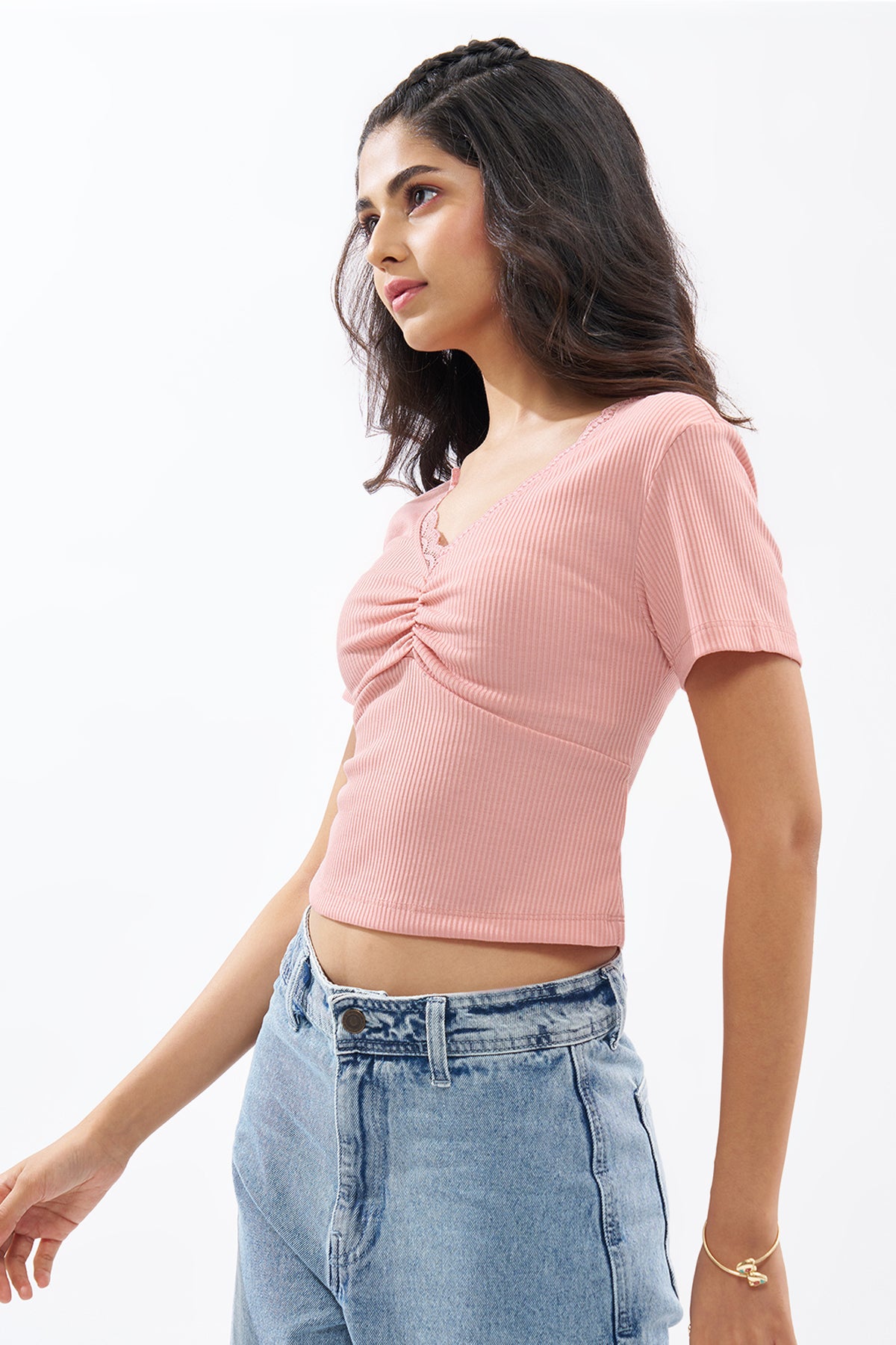 Pink Lace Trim Rib Knit Top for Women - Image 4
