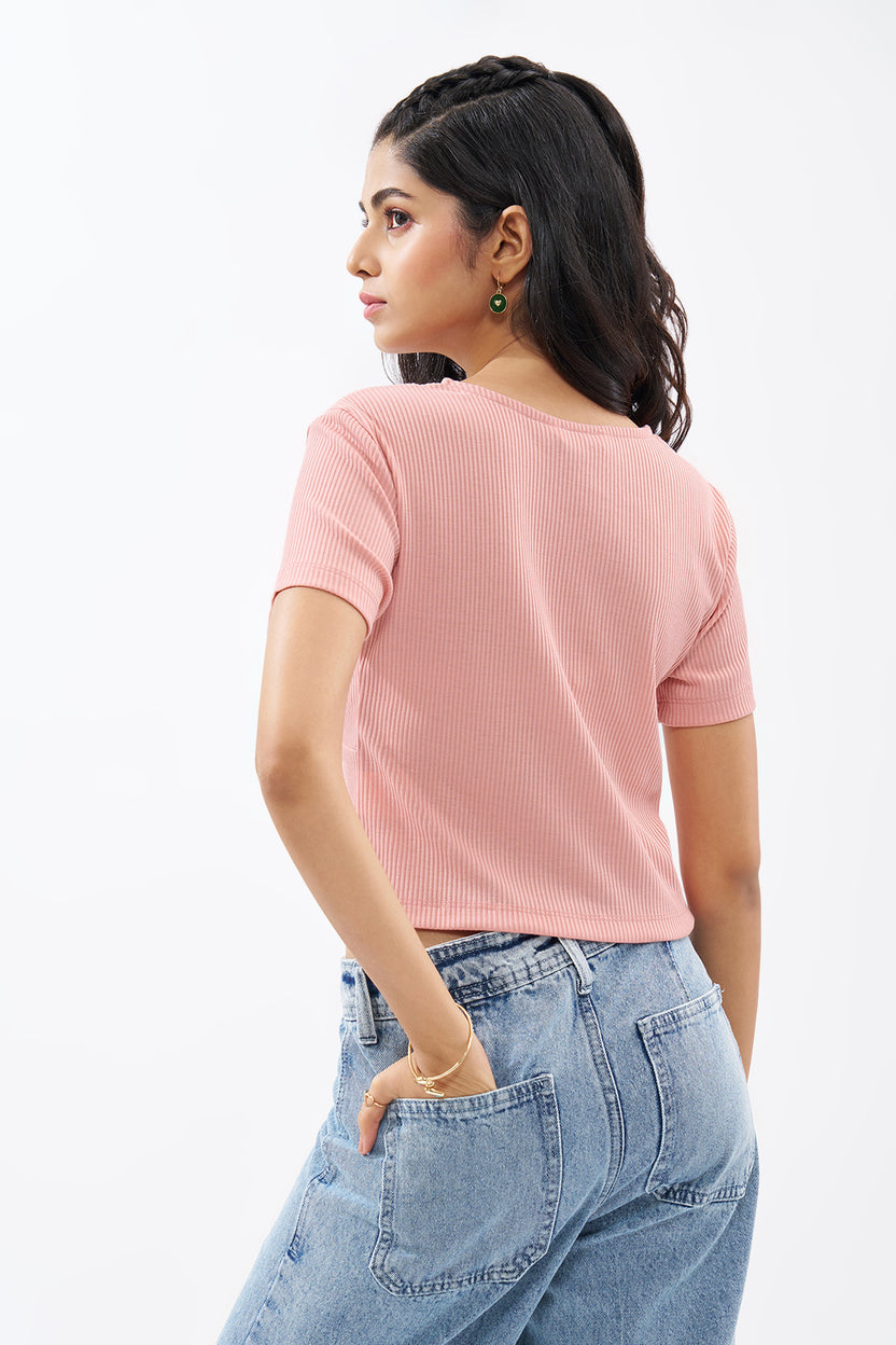 Pink Lace Trim Rib Knit Top For Women - Image 5