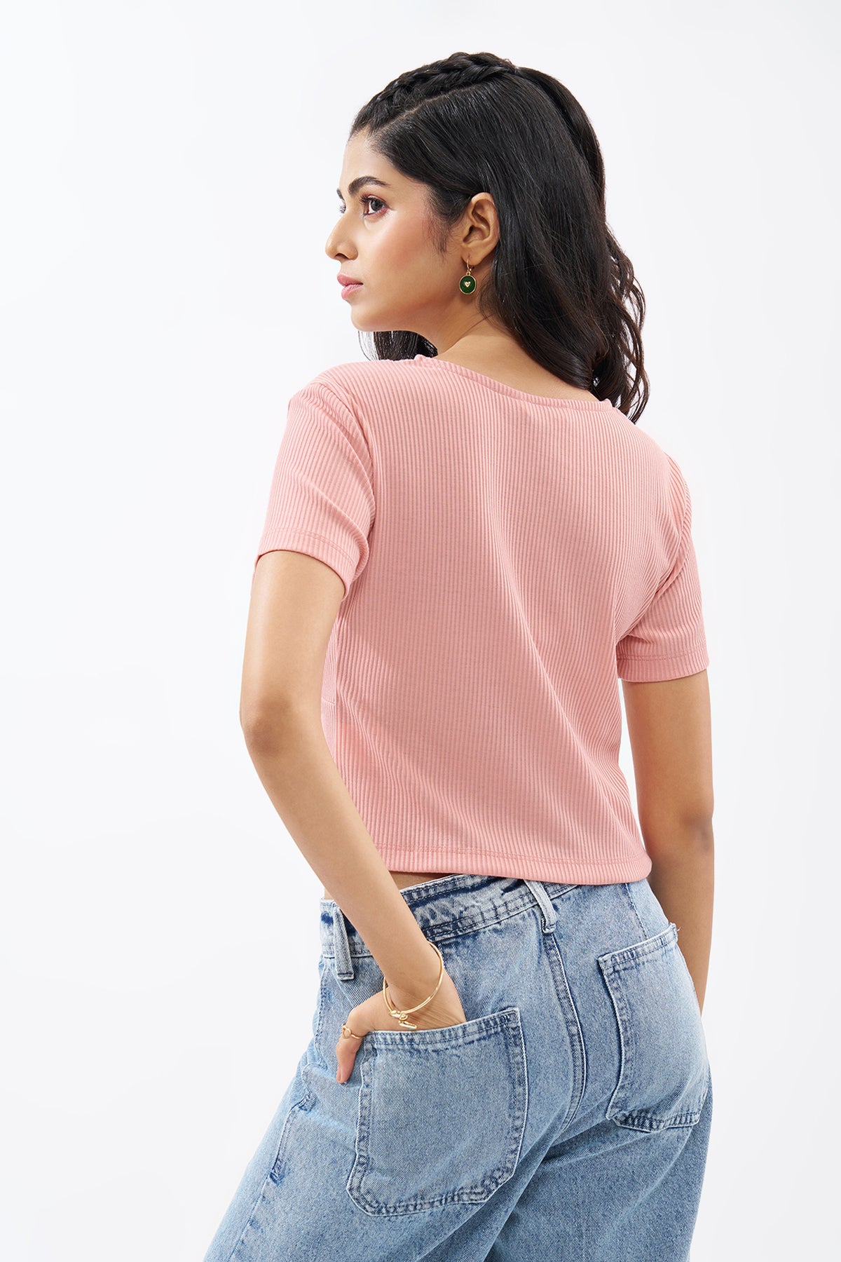 Pink Lace Trim Rib Knit Top for Women - Image 5