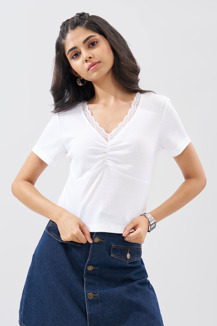 White Lace Trim Rib Knit Top For Women - Image 2