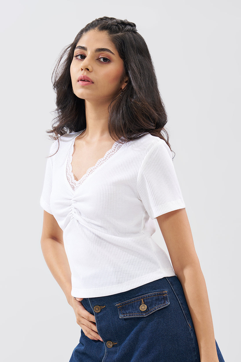 White Lace Trim Rib Knit Top For Women - Image 4