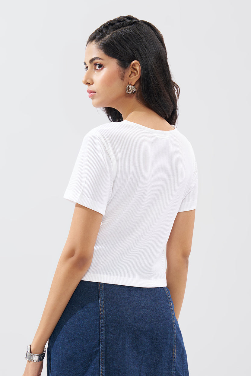White Lace Trim Rib Knit Top For Women - Image 5