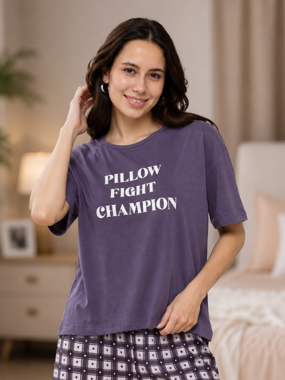 Mauve Typographic Regular Fit T-Shirt for Women - Image 1