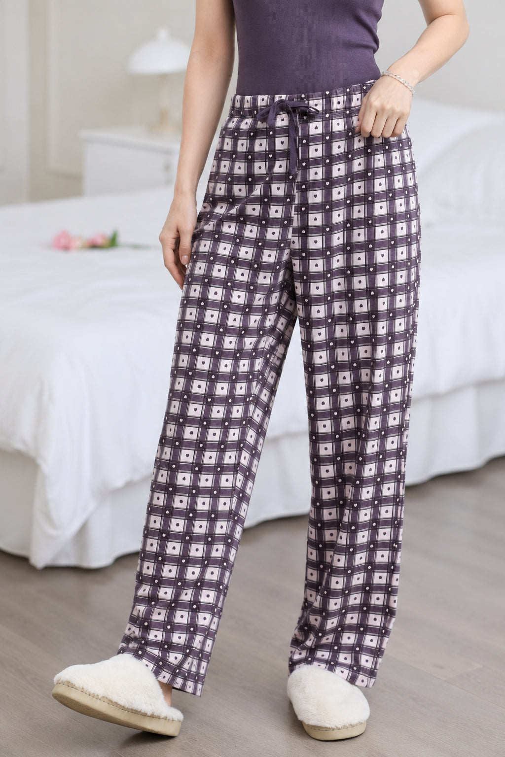 Mauve Checked Relaxed Fit Pyjamas for Women - Image 1