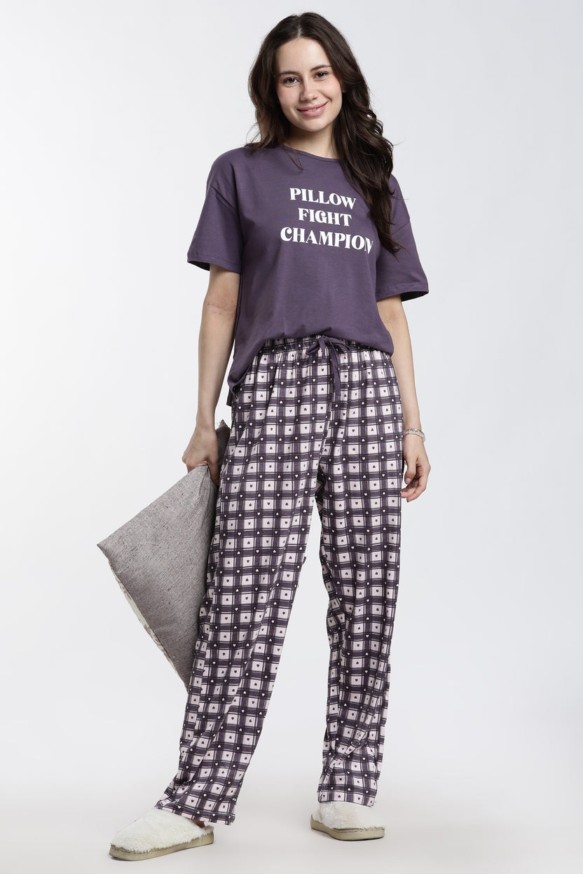 Mauve Checked Relaxed Fit Pyjamas For Women - Image 6