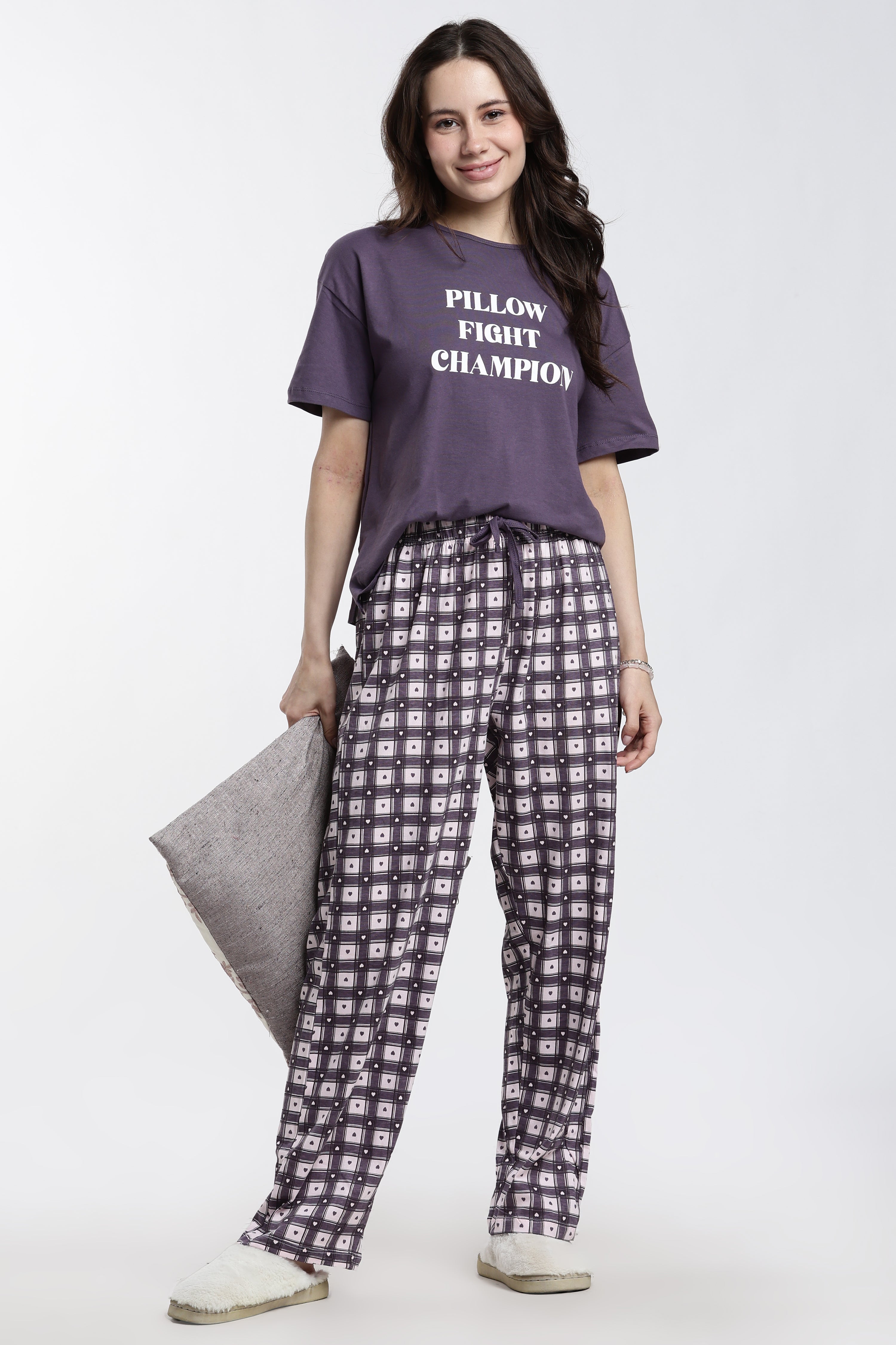 Mauve Checked Relaxed Fit Pyjamas for Women - Image 6