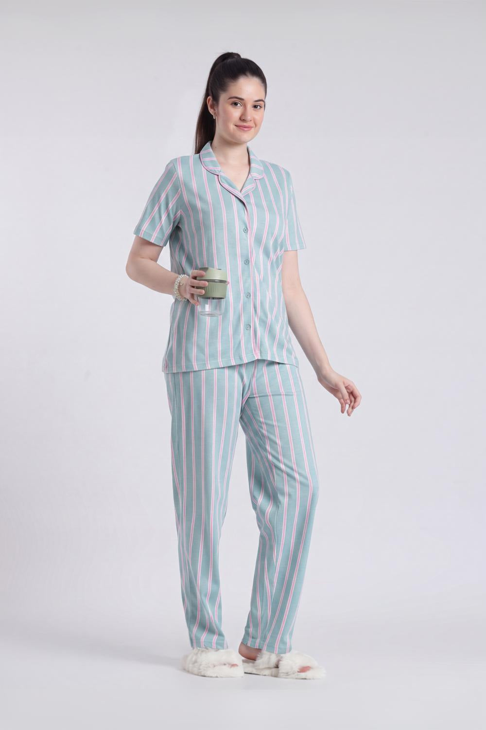 Green Stripes Relaxed Fit Nightwear Set For Women - Image 1
