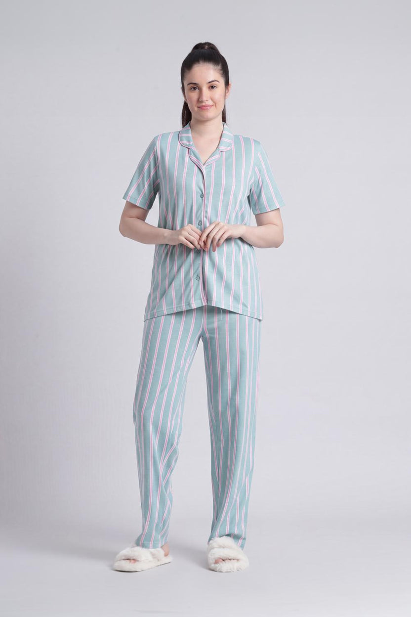 Green Stripes Relaxed Fit Nightwear Set For Women - Image 2