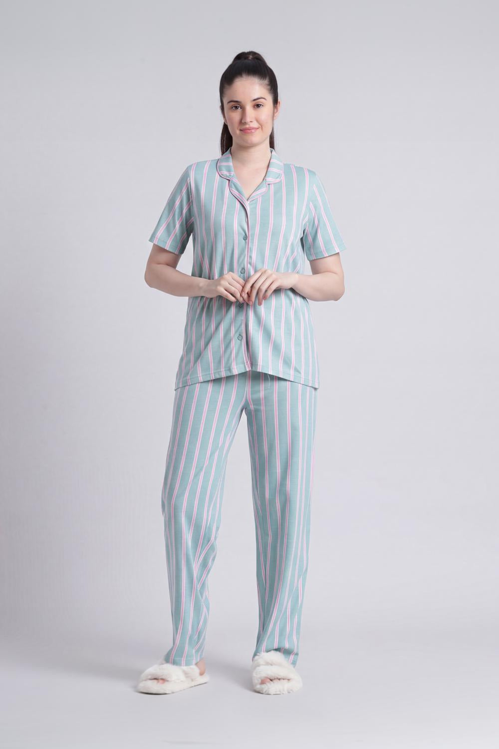 Green Stripes Relaxed Fit Nightwear Set For Women - Image 2