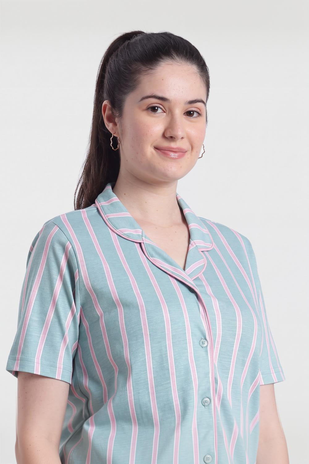Green Stripes Relaxed Fit Nightwear Set For Women - Image 3