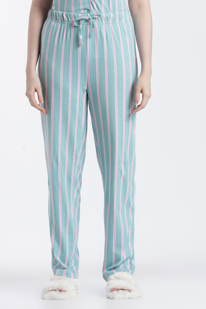 Green Stripes Relaxed Fit Nightwear Set For Women - Image 4