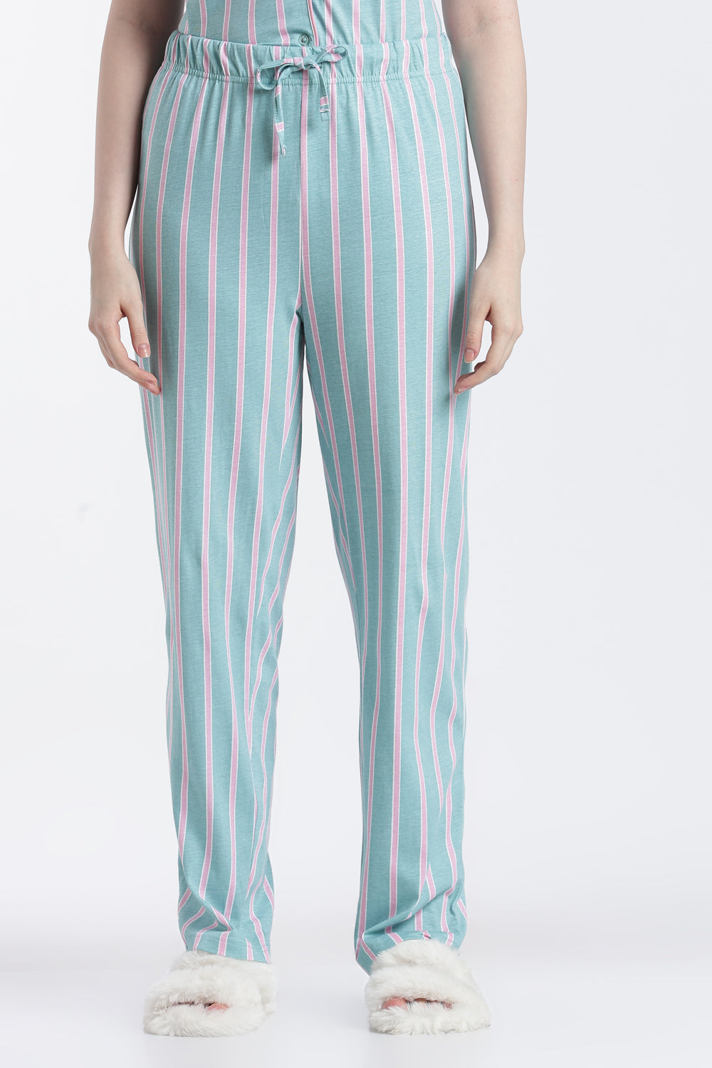 Green Stripes Relaxed Fit Nightwear Set For Women - Image 4