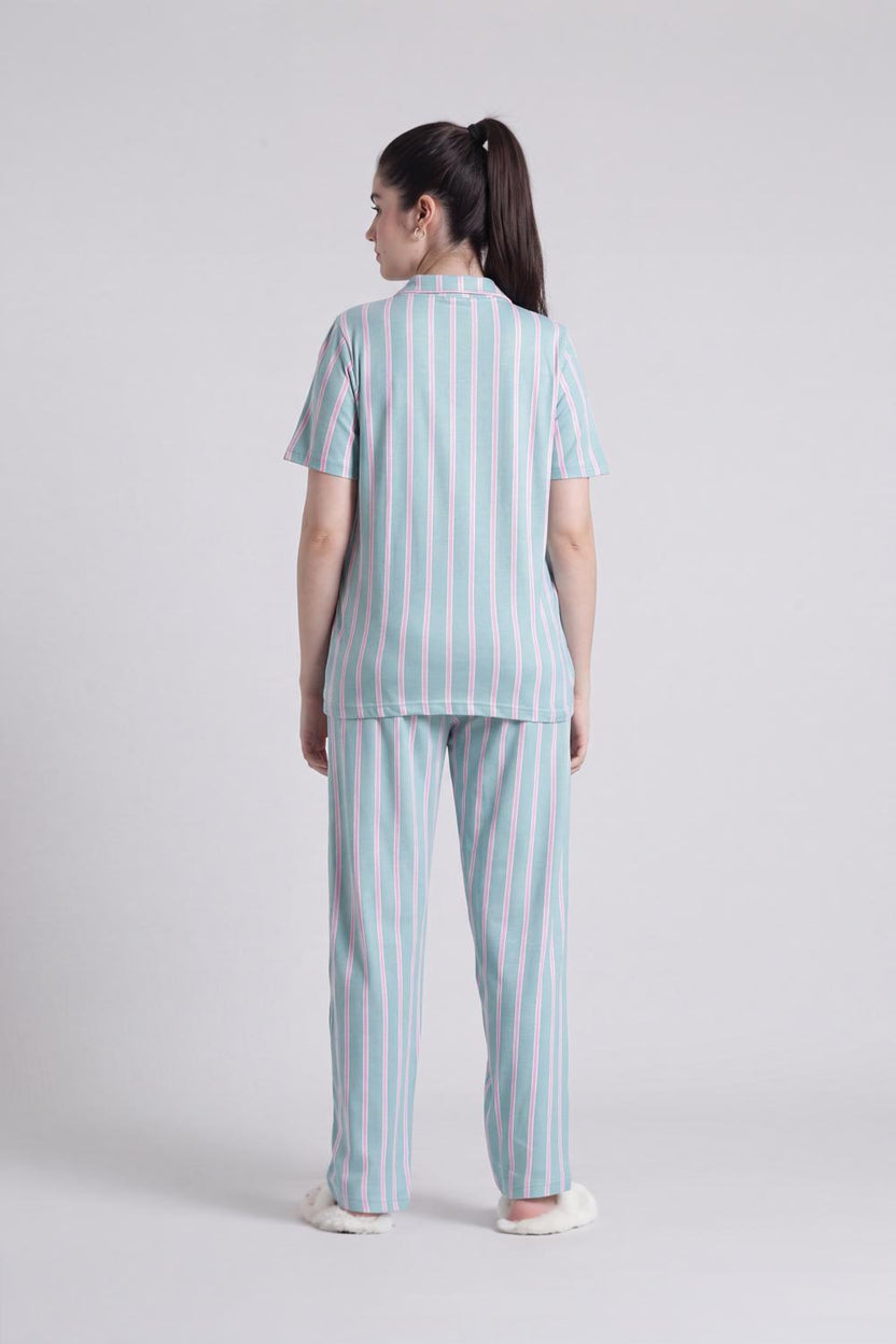Green Stripes Relaxed Fit Nightwear Set For Women - Image 5