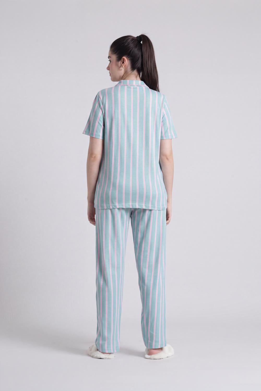 Green Stripes Relaxed Fit Nightwear Set For Women - Image 5