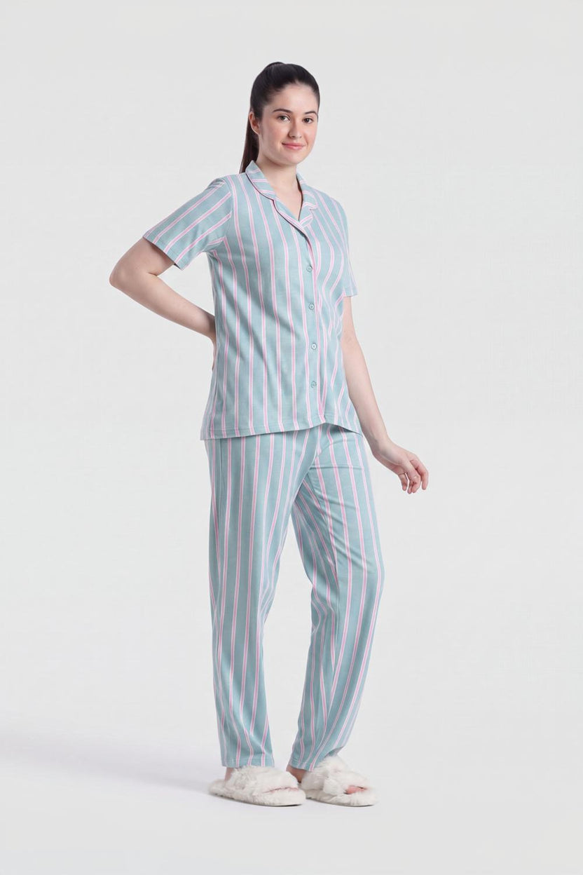 Green Stripes Relaxed Fit Nightwear Set For Women - Image 6