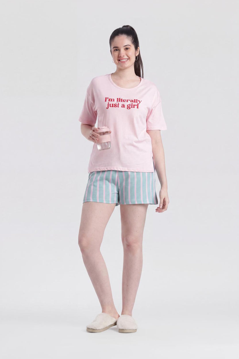 Pink Letter Regular Fit Nightwear Set For Women - Image 1