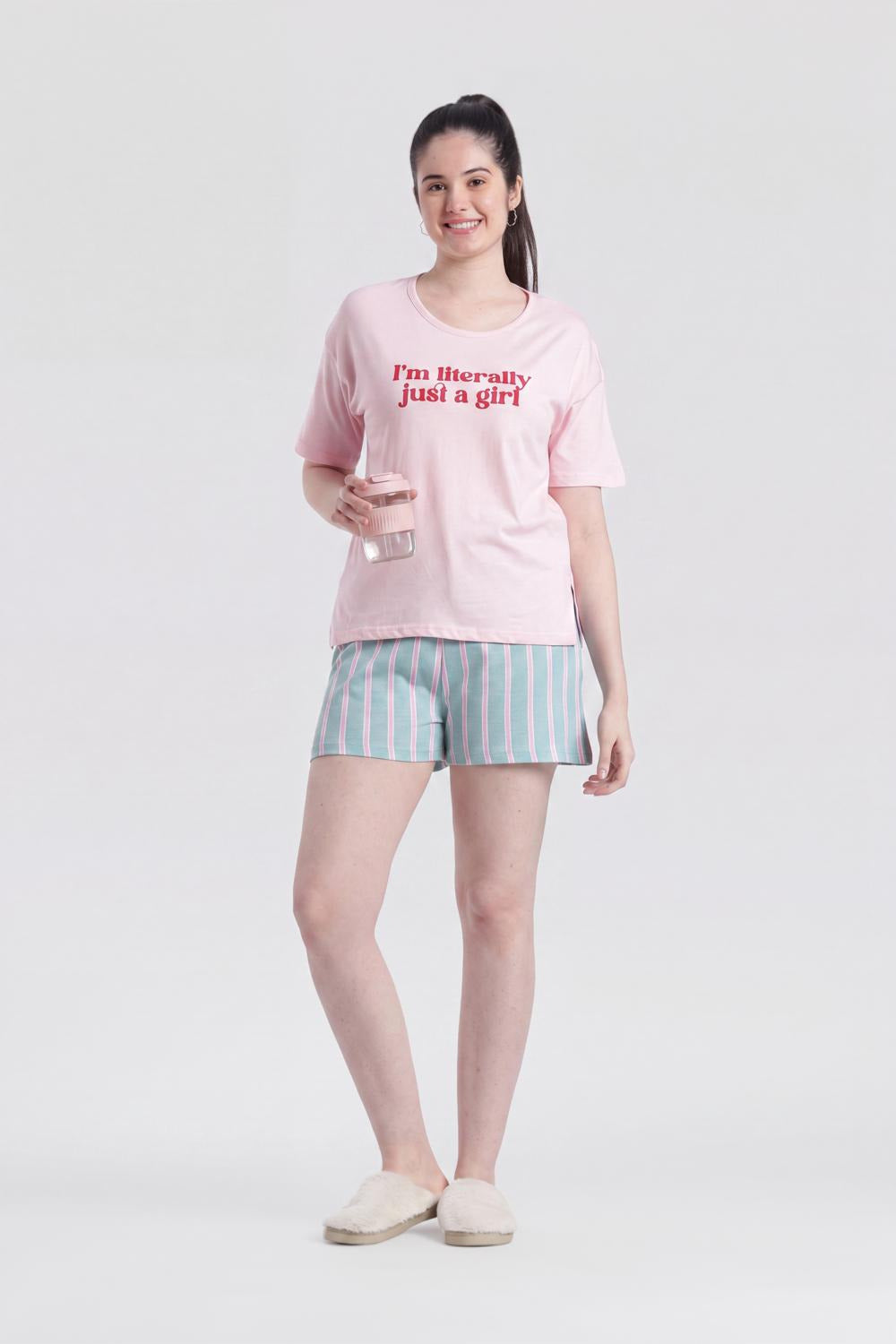 Pink Letter Regular Fit Nightwear Set For Women - Image 1