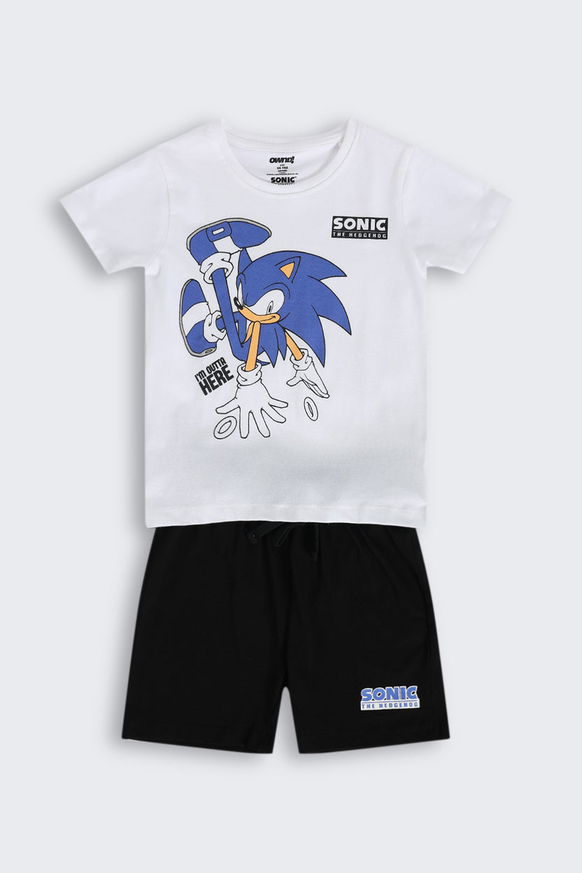 White Sonic Cartoon Regular Fit Nightwear Set for Boys - Image 2
