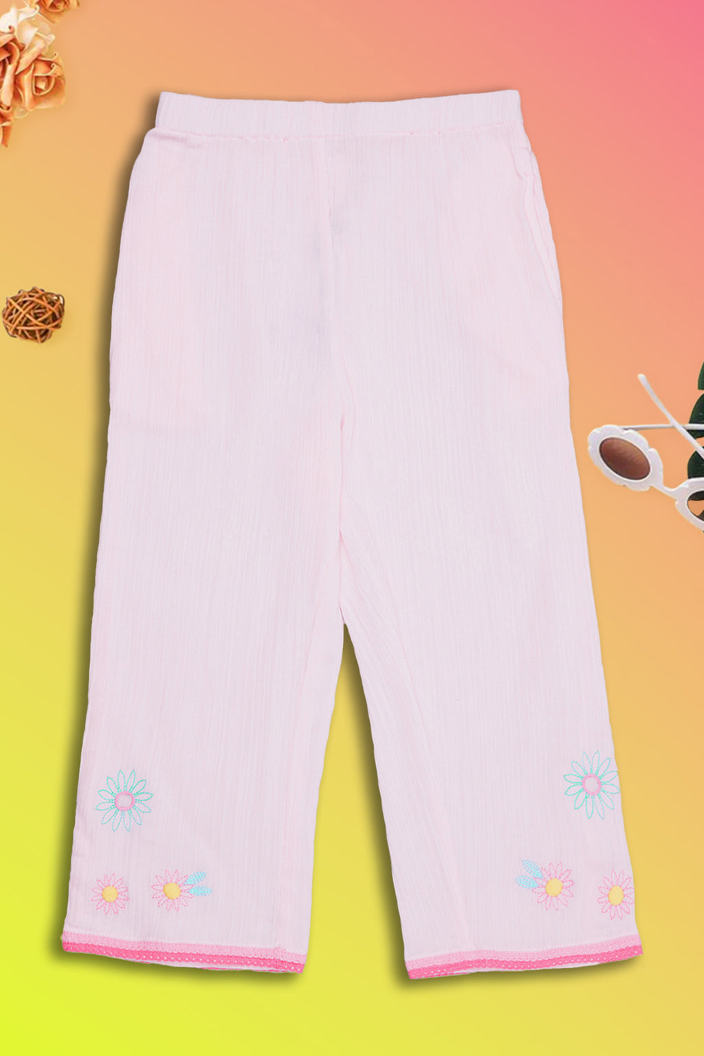 Pink Embroidered Regular Fit Pant for Girls - Image 1