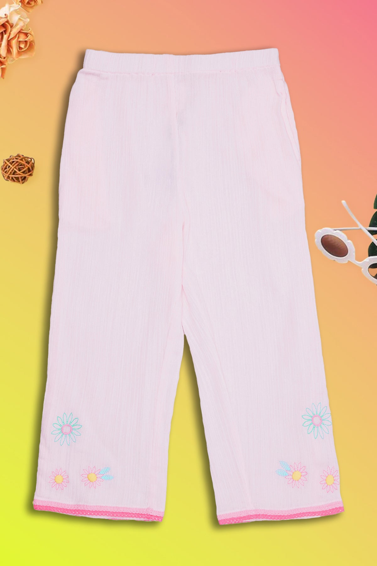 Pink Embroidered Regular Fit Pant for Girls - Image 1