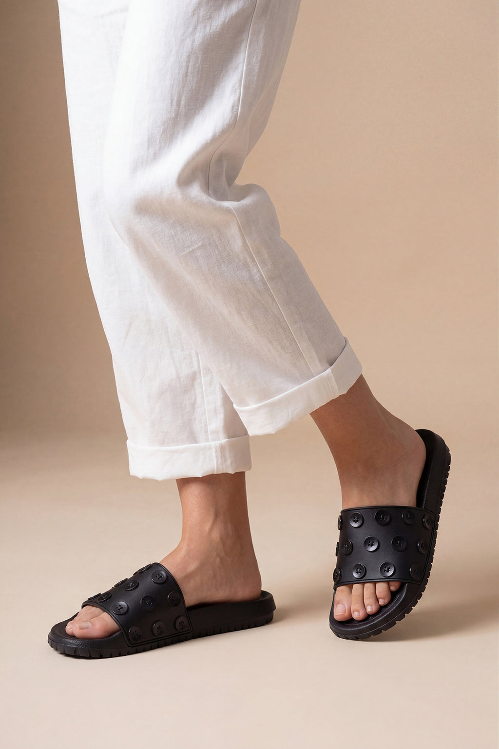 Black Pool Slides With Button Detailed Strap for Women - Image 1