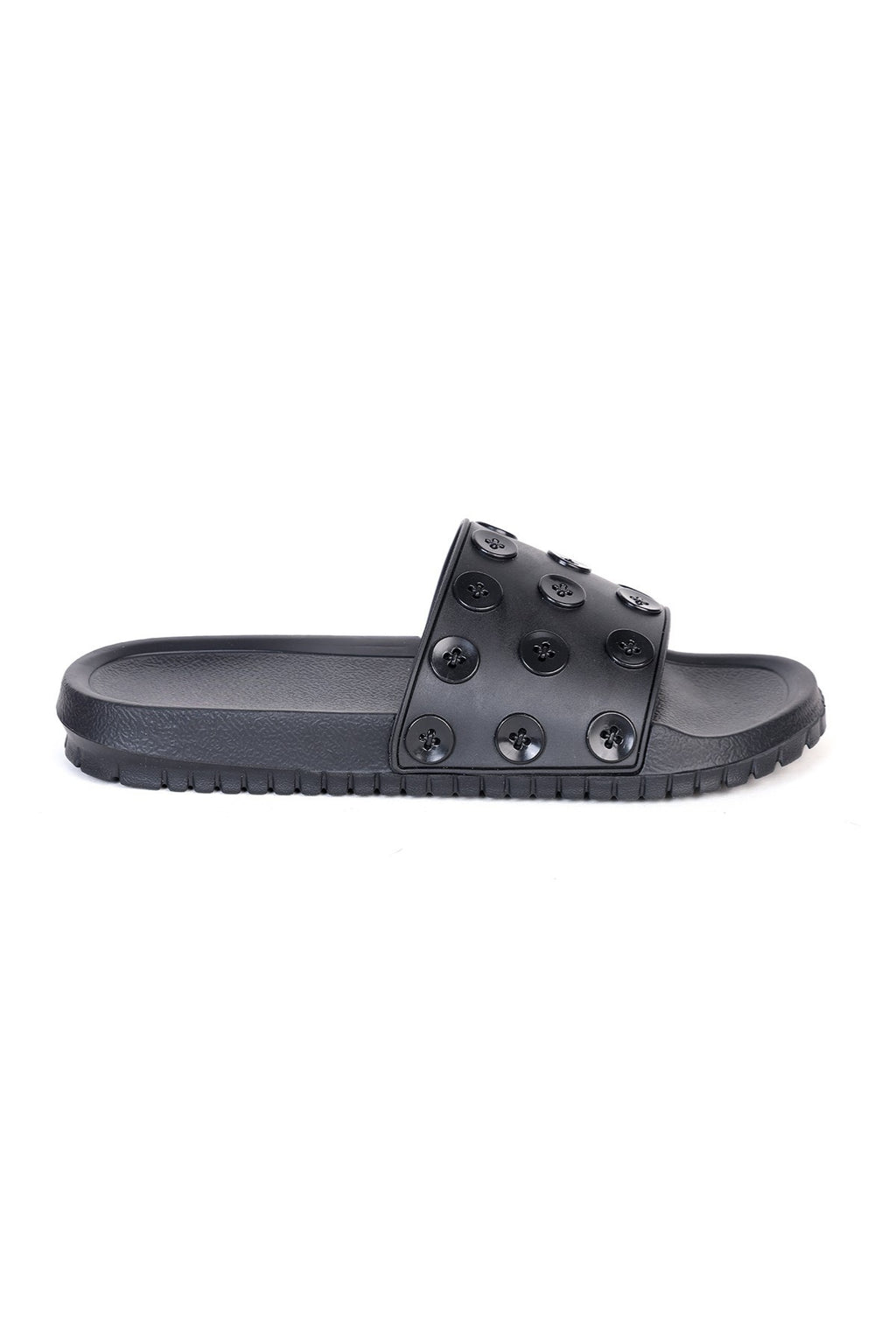 Black Pool Slides With Button Detailed Strap for Women - Image 2