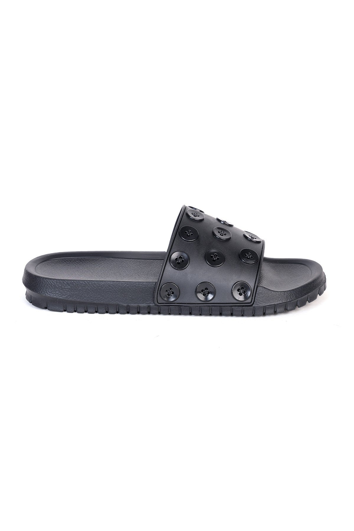 Black Pool Slides With Button Detailed Strap for Women - Image 2