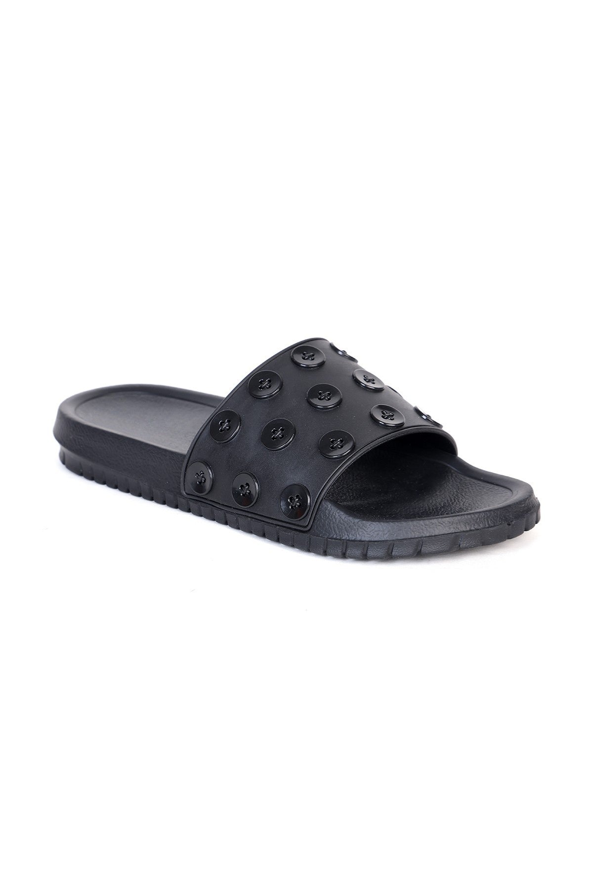 Black Pool Slides With Button Detailed Strap for Women - Image 3