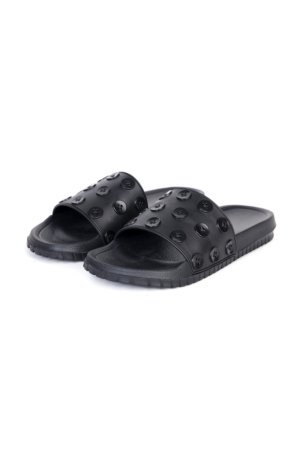 Black Pool Slides With Button Detailed Strap for Women - Image 5
