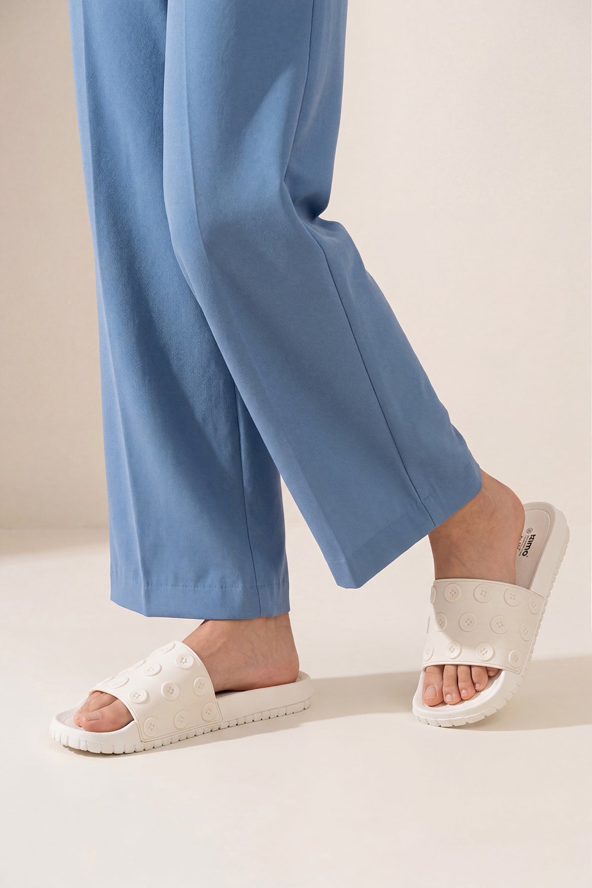 White Pool Slides With Button Detailed Strap for Women - Image 1