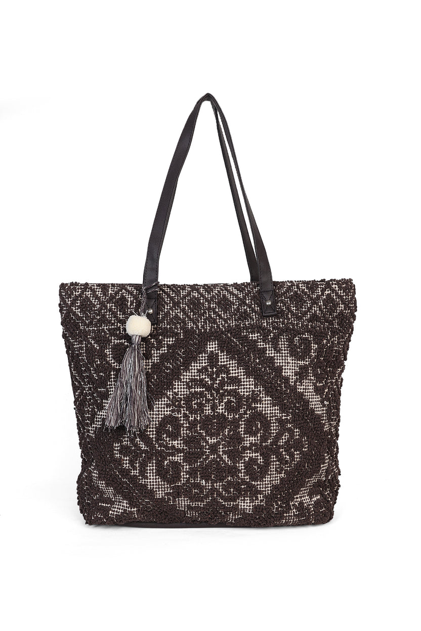 Brown Textured Tote Bag With Tassel For Women - Image 2