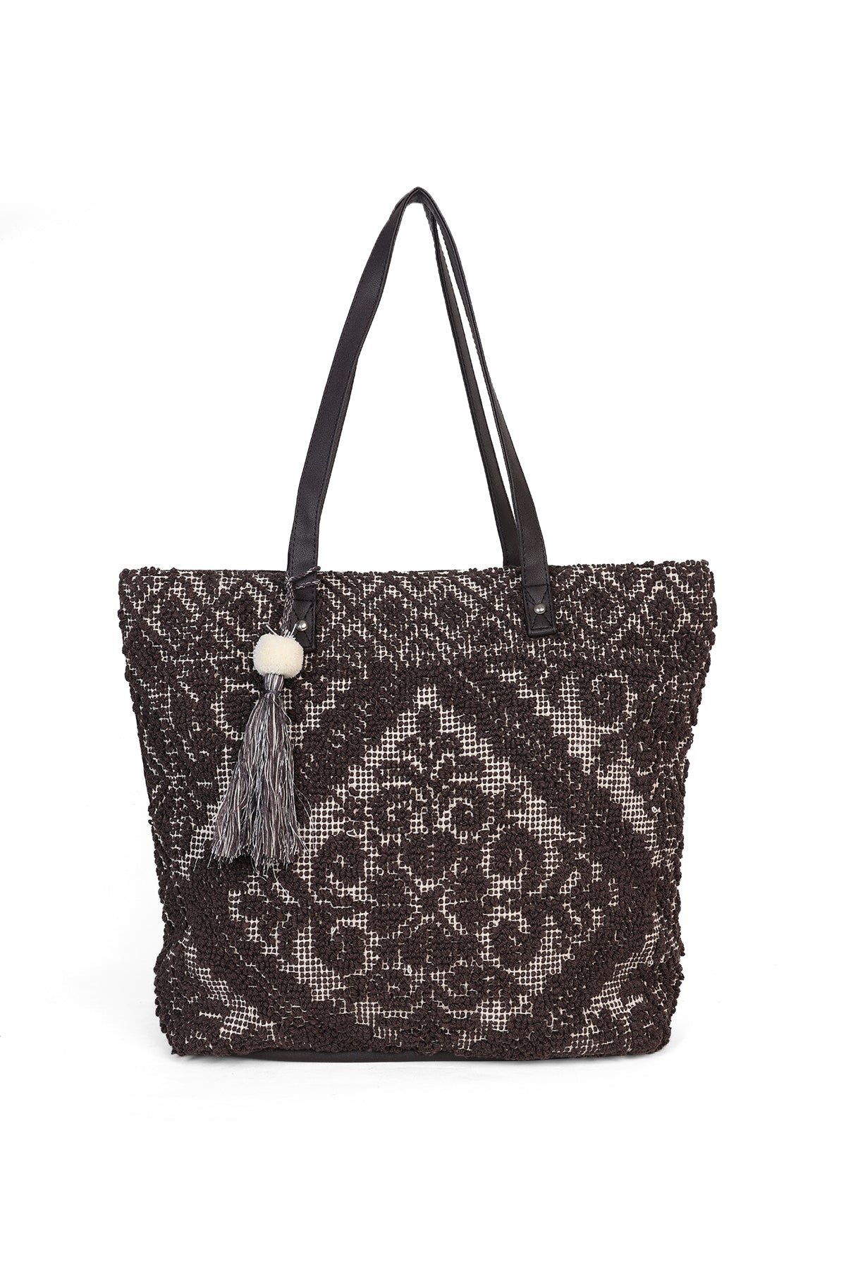 Brown Textured Tote Bag With Tassel for Women - Image 2