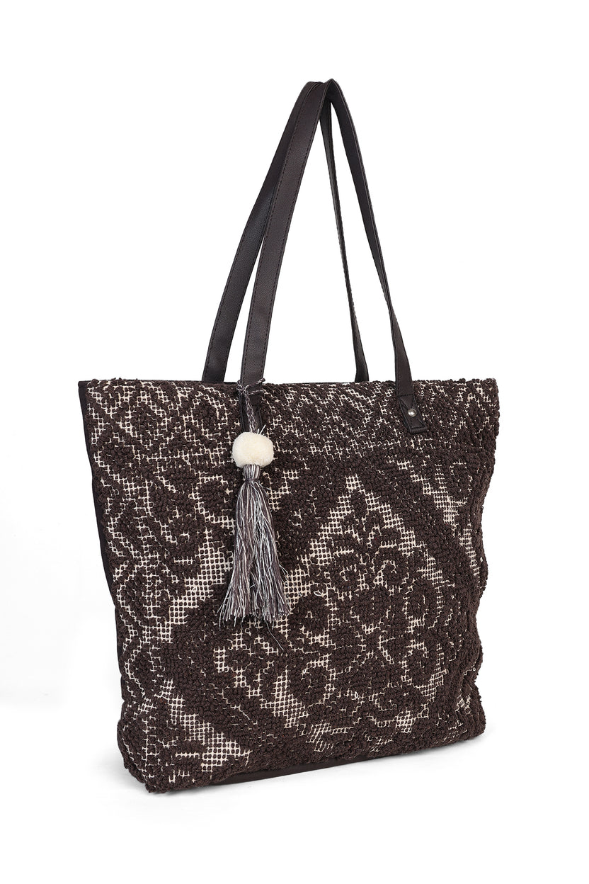 Brown Textured Tote Bag With Tassel For Women - Image 3