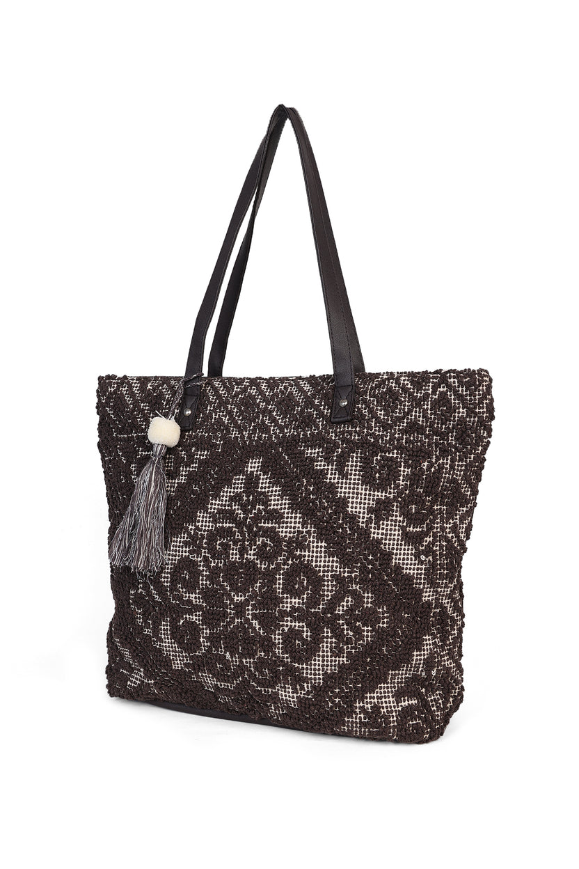Brown Textured Tote Bag With Tassel For Women - Image 5
