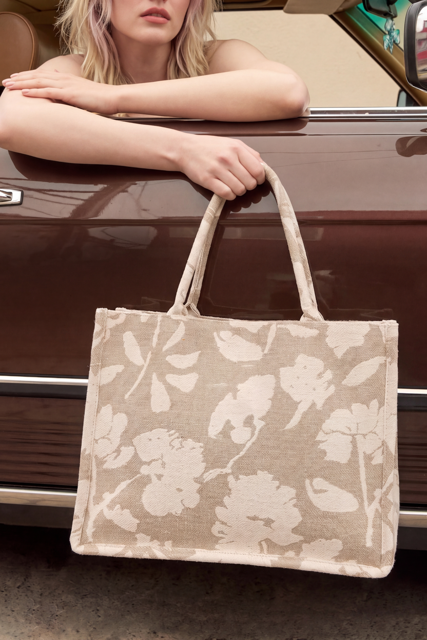 Beige Floral Printed Tote Bag For Women - Image 1