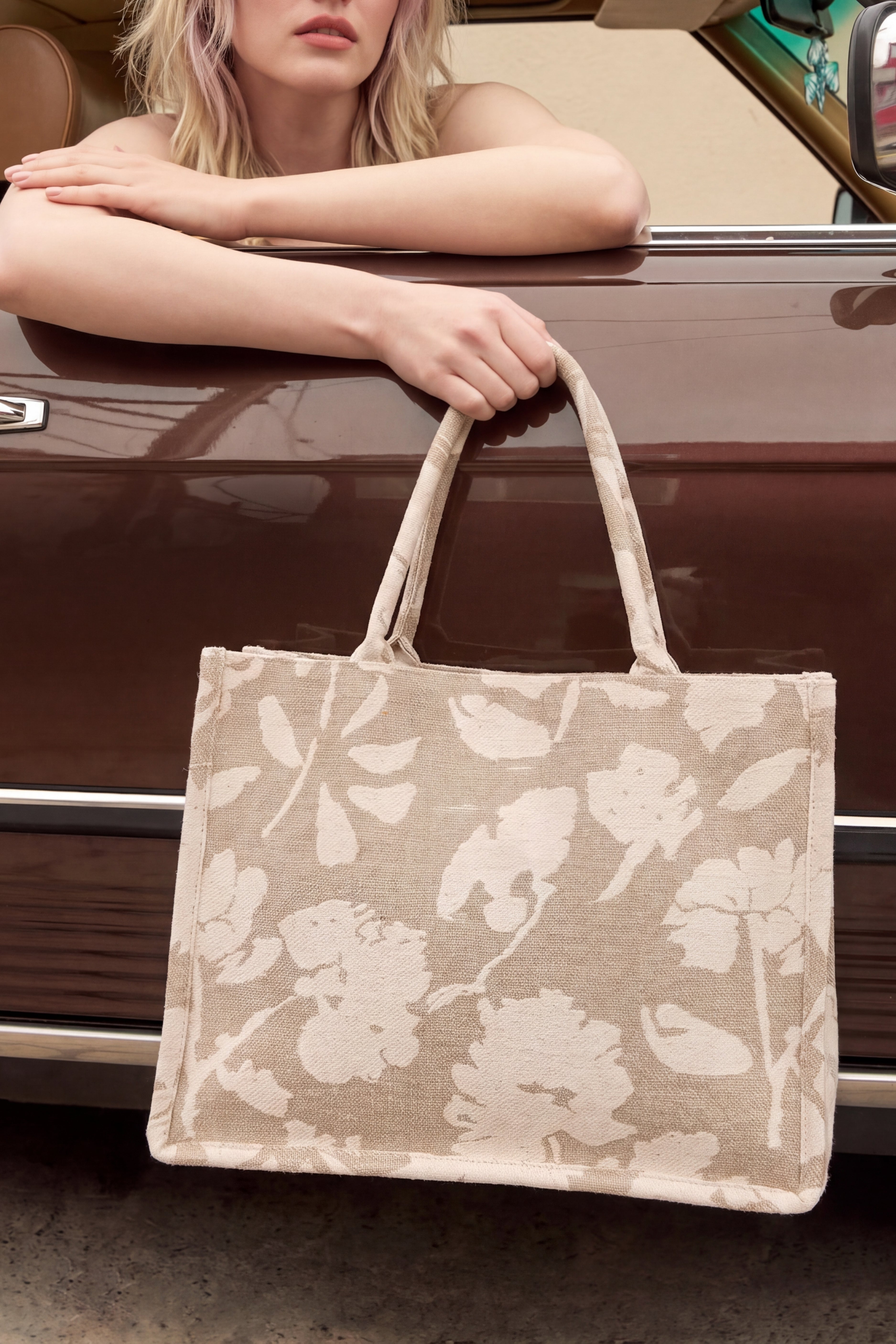 Beige Floral Printed Tote Bag for Women - Image 1