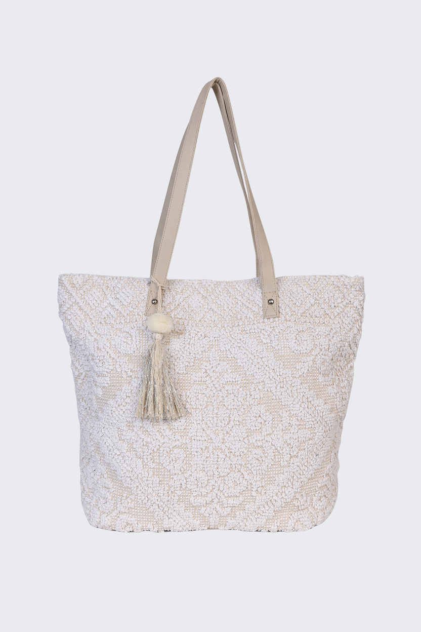 Off White Self Design Tote Bag With Tassel For Women - Image 2