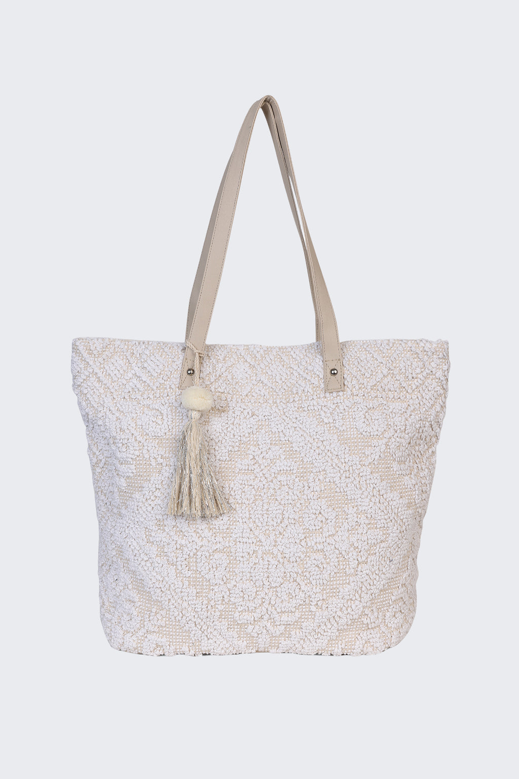 Off White Self Design Tote Bag With Tassel For Women - Image 2