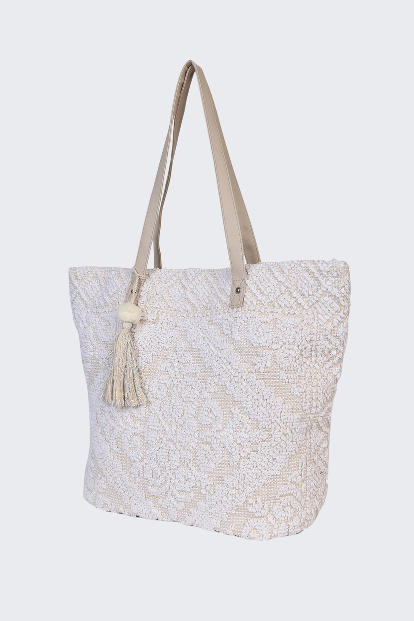 Off White Self Design Tote Bag With Tassel For Women - Image 5