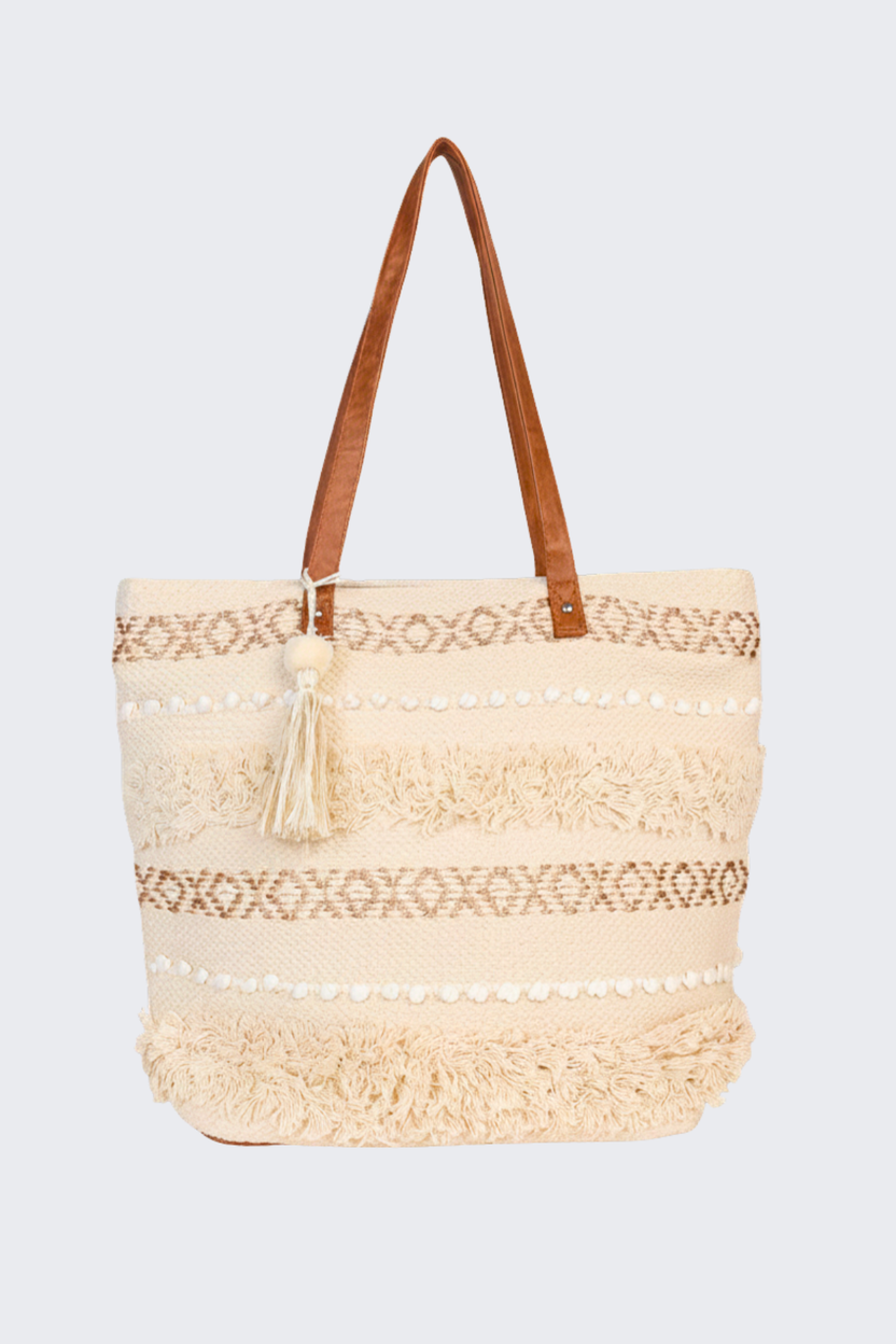 Beige Self Design Tote Bag With Tassel and Fringe Detail For Women - Image 2