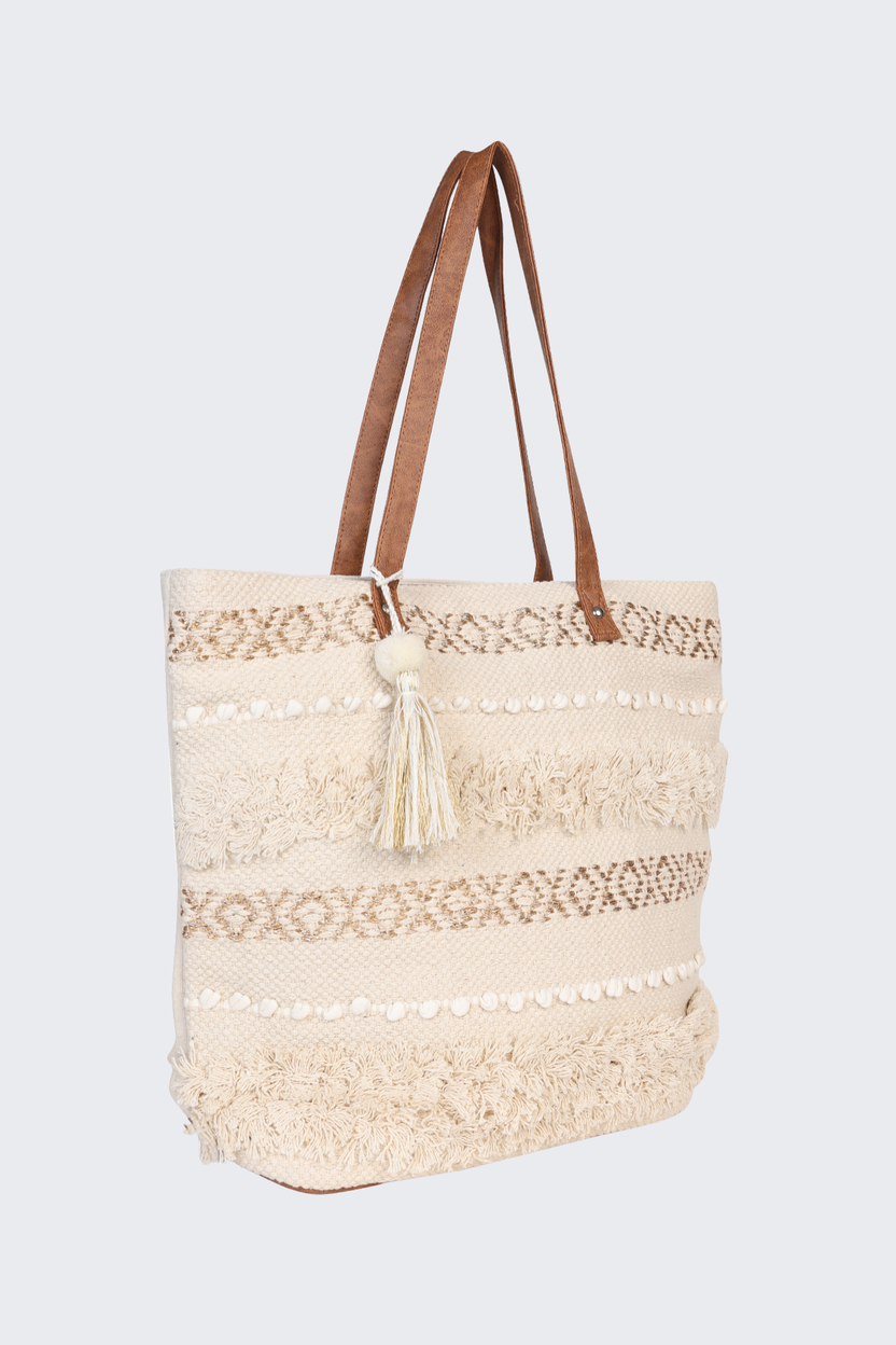 Beige Self Design Tote Bag With Tassel and Fringe Detail For Women - Image 3