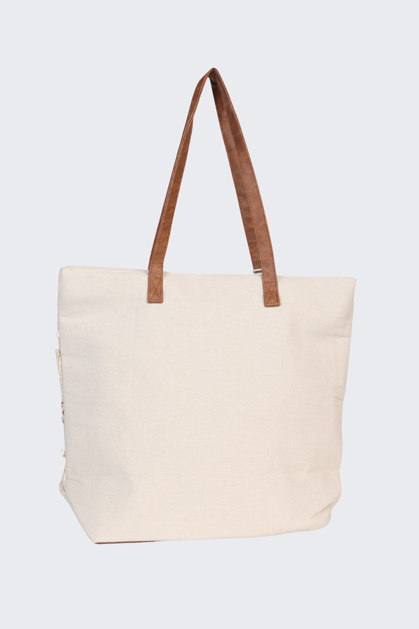 Beige Self Design Tote Bag With Tassel and Fringe Detail For Women - Image 5