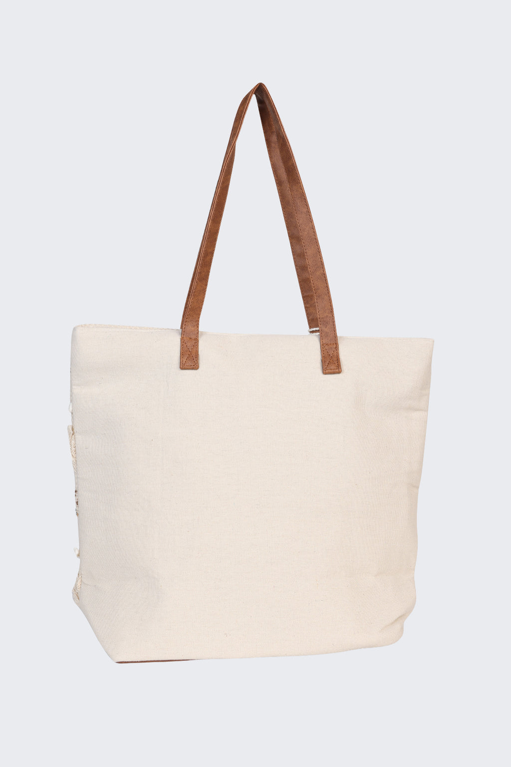 Beige Self Design Tote Bag With Tassel and Fringe Detail For Women - Image 5
