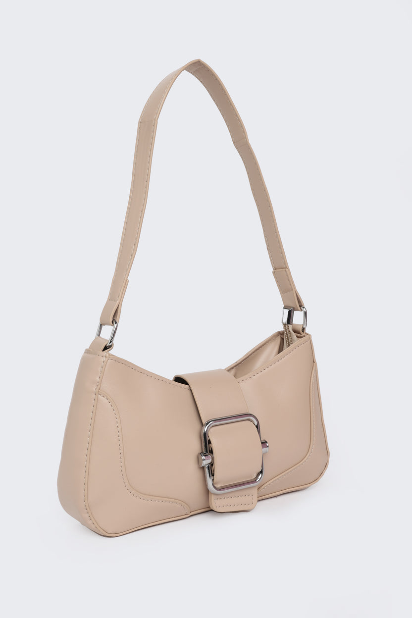Beige Solid Shoulder Bag For Women - Image 3