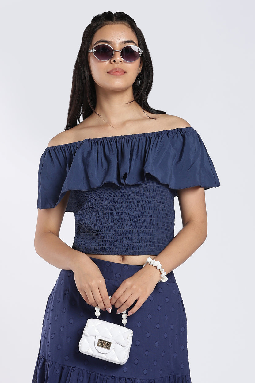 Navy Off-Shoulder Smocked Top For Women - Image 1