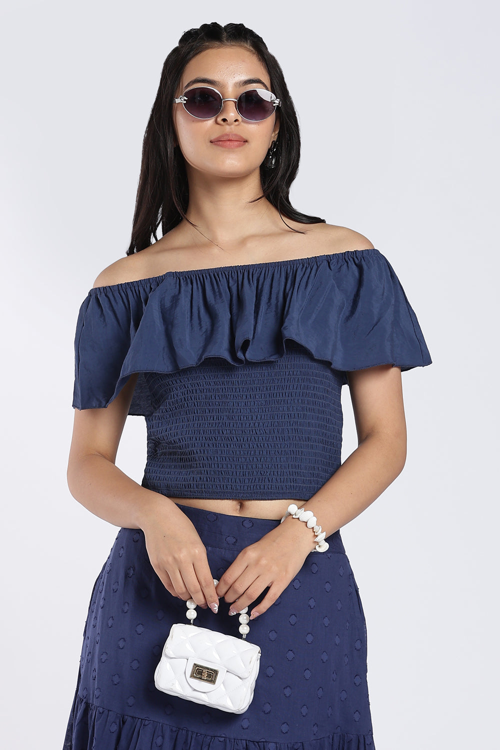 Navy Off-Shoulder Smocked Top For Women - Image 1