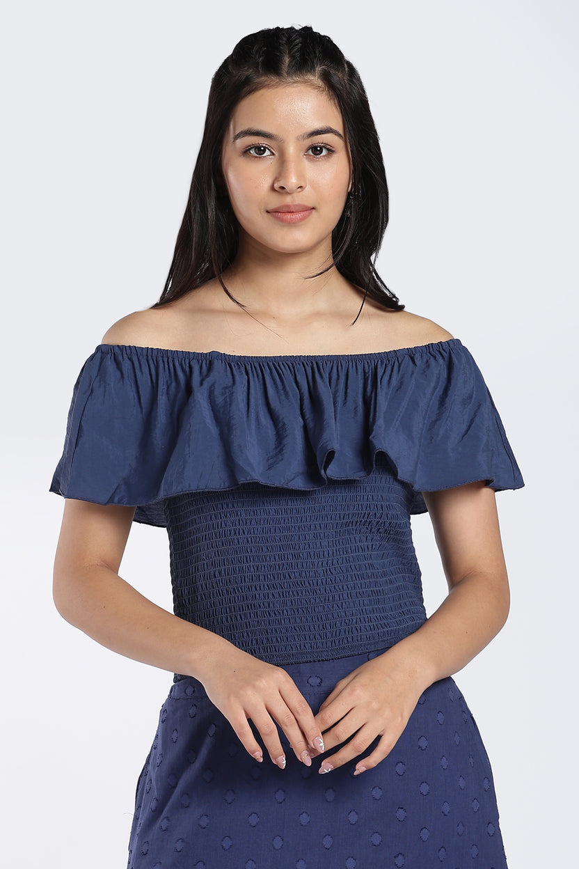 Navy Off-Shoulder Smocked Top For Women - Image 2