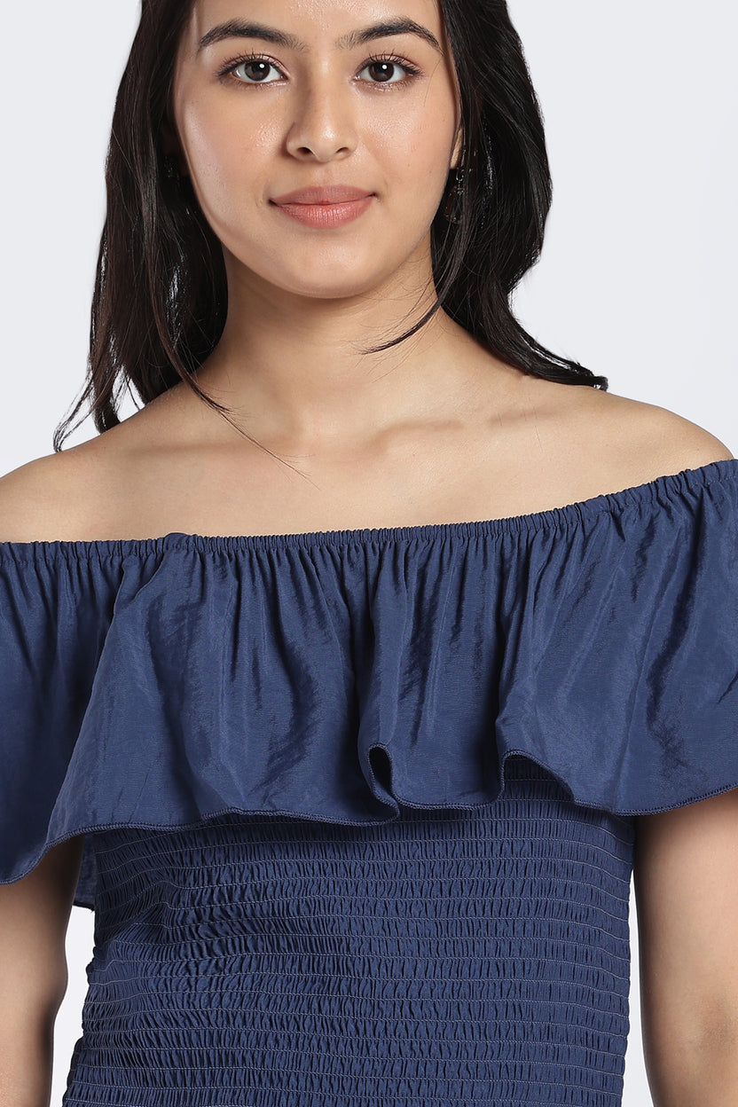 Navy Off-Shoulder Smocked Top For Women - Image 3